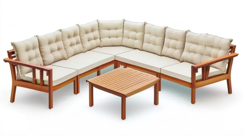Narożny komplet ogrodowy z drewna akacjowego 240 × 240 × 75 cm ze stolikiem, brązowo-beżowy
