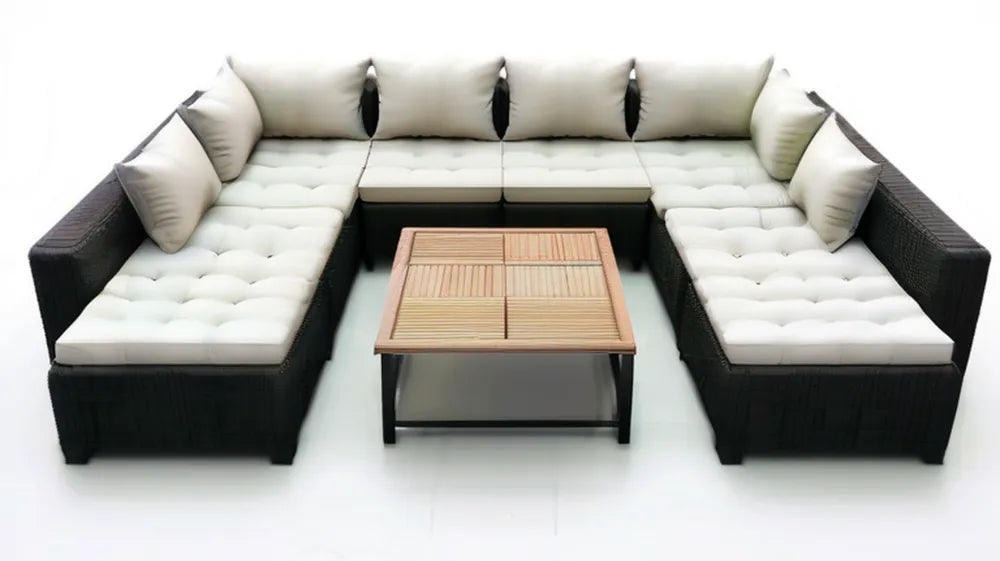 Modułowy zestaw wypoczynkowy z technorattanu w kształcie U, czarno-kremowy, 320 x 240 x 65 cm, ze stolikiem 100 x 60 x 45 cm