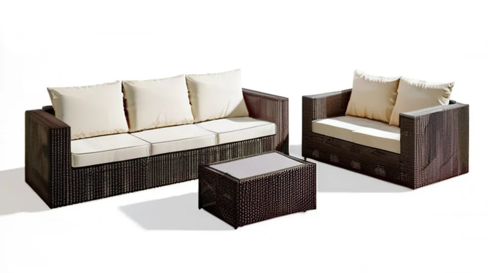 Ciemnobrązowy komplet ogrodowy z technorattanu z kremowymi poduszkami, sofa 180 x 70 x 70 cm, fotel i stolik
