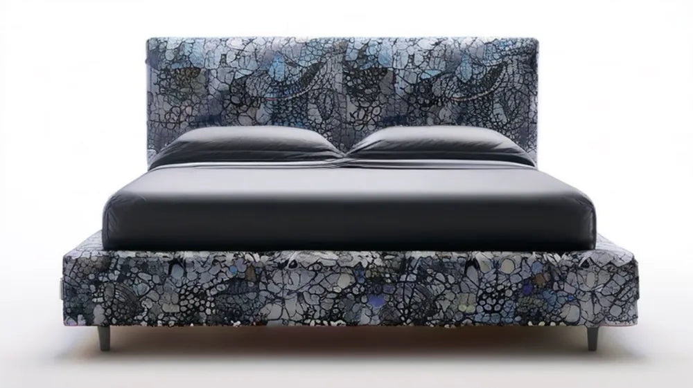 Dwuosobowe łóżko tapicerowane 160 x 200 cm z wysokim zagłówkiem, czarno-szaro-granatowe