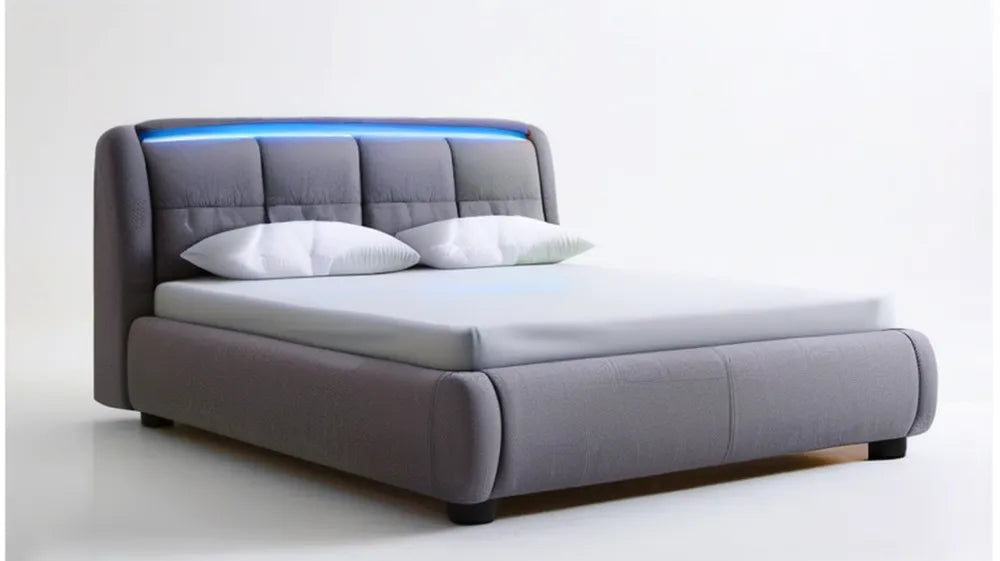 Szare tapicerowane łóżko dwuosobowe 160 x 200 cm z niebieskim oświetleniem LED