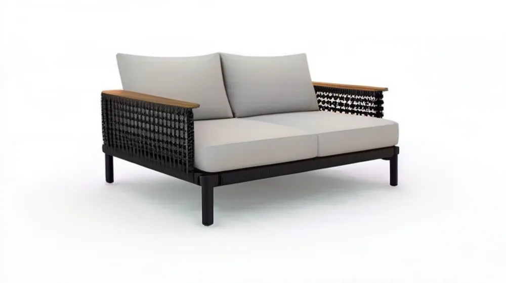 Dwuosobowa sofa ogrodowa z aluminium i plecionki PE, czarno-szaro-brązowa, 150 x 78 x 75 cm