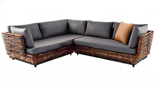 Narożna sofa ogrodowa z technorattanu PE, ciemnoszara/brązowa/rdzawopomarańczowa, 240 x 180 x 80 cm