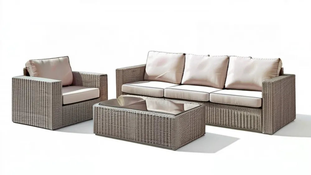 Szary zestaw wypoczynkowy z technorattanu z jasnobeżowymi poduszkami, sofa 180 × 75 × 65 cm, fotel i stolik