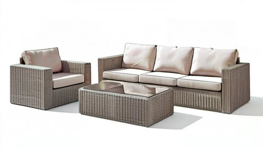 Szary zestaw wypoczynkowy z technorattanu z jasnobeżowymi poduszkami, sofa 180 × 75 × 65 cm, fotel i stolik