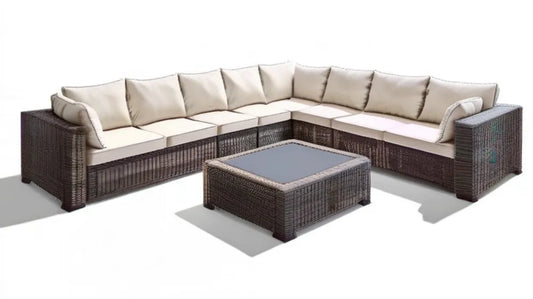 Narożnik ogrodowy z technorattanu PE 280 x 220 x 78 cm ze stolikiem 80 x 80 cm, brązowy/beżowy/ciemnoszary