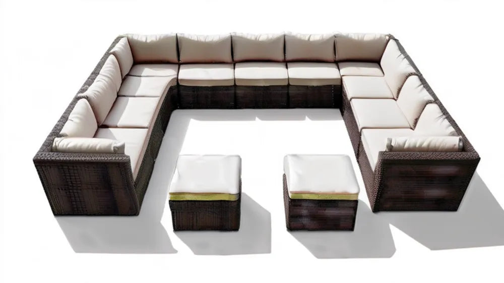 Modułowy zestaw wypoczynkowy w kształcie U z plecionki PE, brązowy/kremowy, 280 × 210 × 75 cm, z 2 pufami