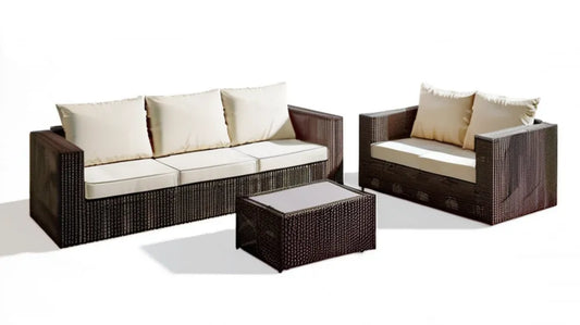 Ciemnobrązowy komplet ogrodowy z technorattanu z kremowymi poduszkami, sofa 180 x 70 x 70 cm, fotel i stolik