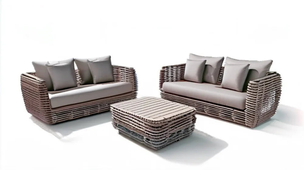 Ogrodowy zestaw wypoczynkowy z 2 sofami i stolikiem, rattan PE, szarobrązowy/beżowy, 140 × 75 × 75 cm