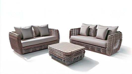 Ogrodowy zestaw wypoczynkowy z 2 sofami i stolikiem, rattan PE, szarobrązowy/beżowy, 140 × 75 × 75 cm