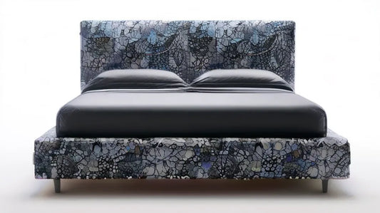Dwuosobowe łóżko tapicerowane 160 x 200 cm z wysokim zagłówkiem, czarno-szaro-granatowe
