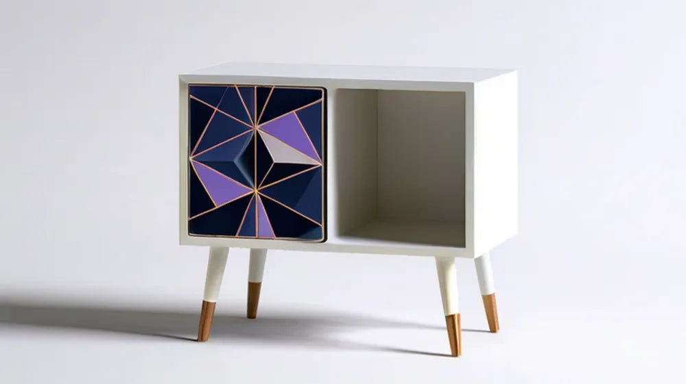 Biała szafka nocna z geometrycznym frontem, otwartą wnęką i drzwiczkami, 60 x 35 x 55 cm