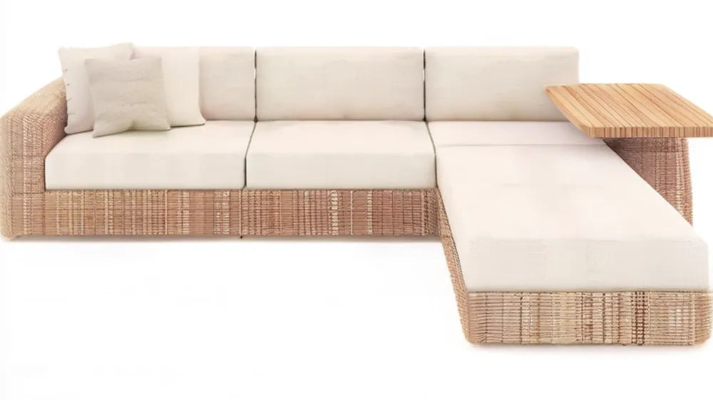 Beżowy narożnik ogrodowy z leżanką z technorattanu 260 × 160 × 65 cm