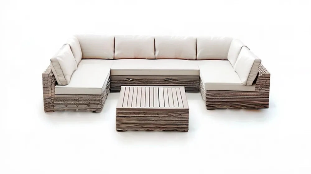 Modułowa sofa narożna z technorattanu brązowo-kremowa 250 × 250 × 65 cm ze stolikiem 80 × 80 × 35 cm