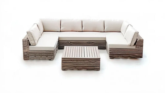 Modułowa sofa narożna z technorattanu brązowo-kremowa 250 × 250 × 65 cm ze stolikiem 80 × 80 × 35 cm