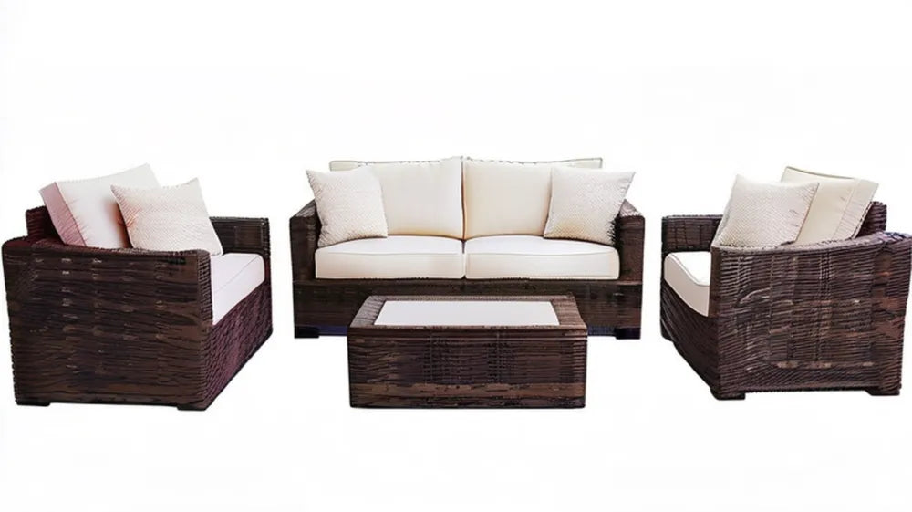 4-częściowy zestaw wypoczynkowy z naturalnego rattanu ciemnobrązowy/kremowy – sofa 135 × 75 × 75 cm, 2 fotele 75 × 75 × 75 cm, stolik 100 × 50 × 40 cm