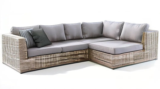 Narożna sofa ogrodowa z technorattanu szaro-beżowa 240 x 180 x 75 cm z jasnoszarymi poduszkami