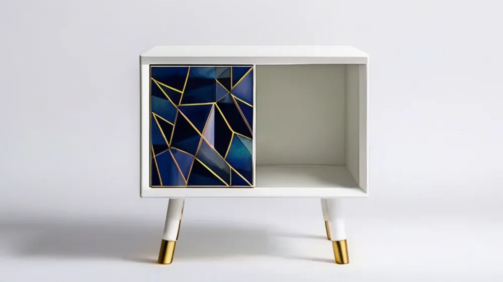 Biała szafka nocna MDF z granatowo-turkusowym frontem, 70 x 35 x 65 cm