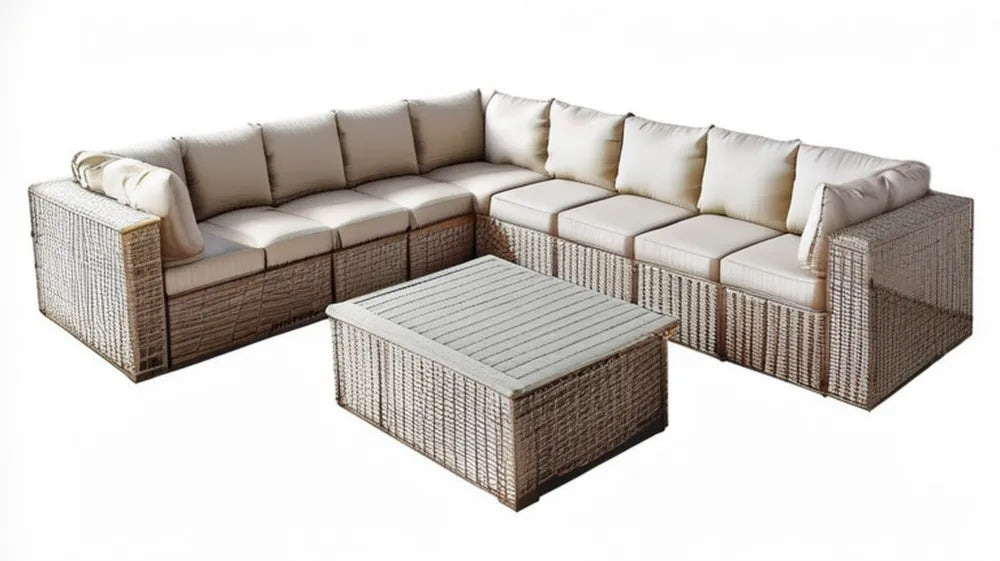 Beżowy narożnik ogrodowy z technorattanu 250 x 250 x 75 cm ze stolikiem 100 x 60 x 45 cm