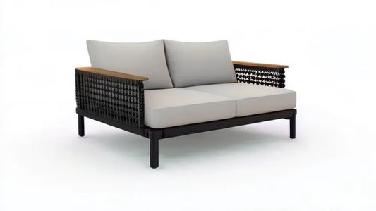 Dwuosobowa sofa ogrodowa z aluminium i plecionki PE, czarno-szaro-brązowa, 150 x 78 x 75 cm